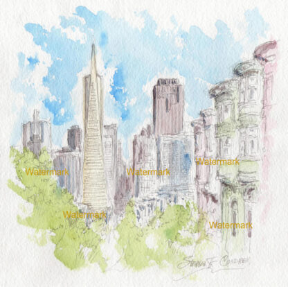 San Francisco skyline #885A pen & ink city scene watercolor with view of Transamerica Pyramid.