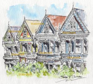 Watercolor Painting of painted ladies on Alamo Square in San Francisco