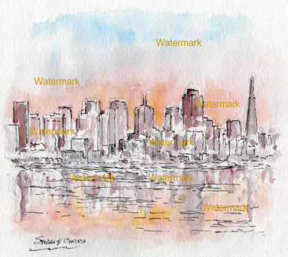 San Francisco skyline #948A pen & ink cityscape watercolor is popular because of it's view of at sunset.