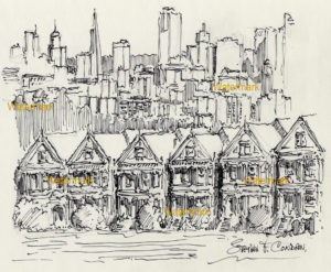 San Francisco skyline pen & ink drawing of Alamo Square.