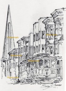 San Francisco skyline and streets pen & ink line drawing.