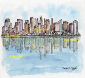 Lower Manhattan skyline watercolor of skyscrapers reflecting in water.