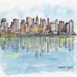 Lower Manhattan skyline #581A pen & ink cityscape watercolor with it's reflection in the water.