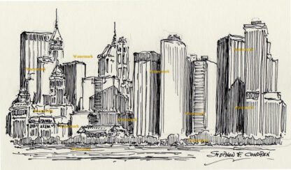 Manhattan skyline #833A pen & ink cityscape drawing with tall skyscrapers.