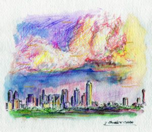 Dallas skyline watercolor painting with stormy clouds at sunset.