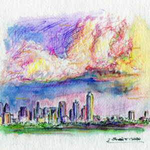 Dallas skyline #2875A pen & ink, color pencil, cityscape watercolor at sunset.