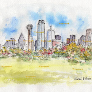 Dallas skyline #694A pen & ink cityscape watercolor with a view of Reliance Tower.