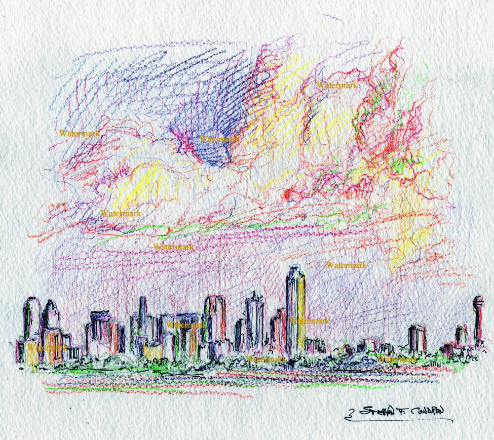 Dallas skyline color pencil drawing as sunset with large clouds