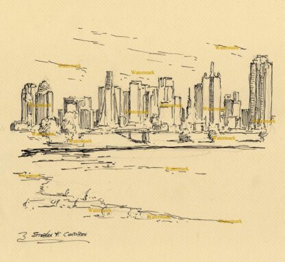 Dallas skyline #2853A pen & ink, cityscape drawing of downtown and Mountain Creek Lake.