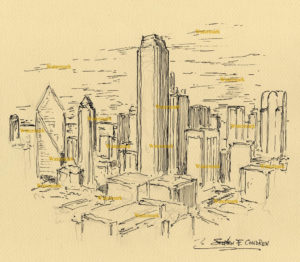 Dallas skyline pen & ink drawing of downtown skyscrapers.
