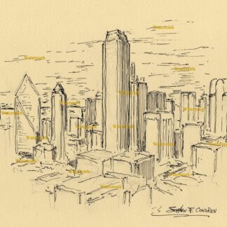 Dallas skyline #2854A pen & ink cityscape drawing of downtown skyscrapers with fine lines.