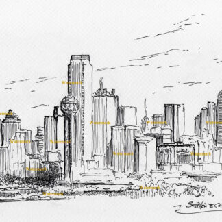 Dallas skyline #2858A pen & ink cityscape drawing with Reunion Tower in front of the skyscrapers.