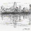 Dallas skyline #2860A pen & ink cityscape drawing of downtown by the Trinity River.