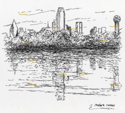 Dallas skyline #2860A pen & ink cityscape drawing of downtown by the Trinity River.