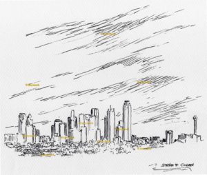 Dallas skyline pen & ink drawing of downtown with skyscrapers.