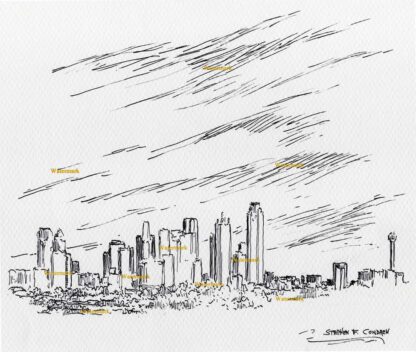 Dallas skyline #2861A pen & ink cityscape drawing of downtown.