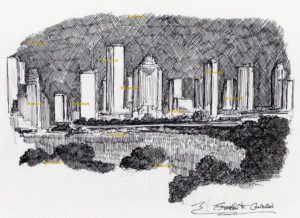 Houston skyline pen & ink drawing of downtown as seen from night.