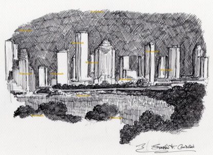 Houston skyline #2965A pen & ink cityscape drawing at night of downtown.