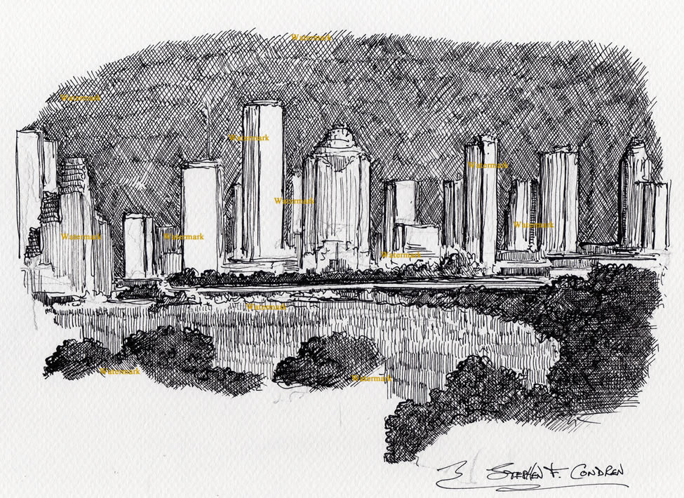 Houston skyline pen & ink drawing of downtown as seen at ...