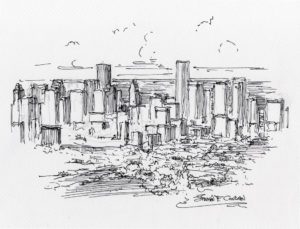 Black pen & ink drawing of Houston skyline.