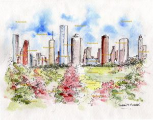 Houston skyline watercolor painting of downtown from Buffalo Bayou Park.
