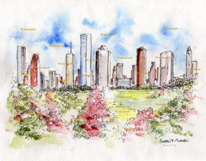Houston skyline #692A pen & ink cityscape watercolor is popular because of it's view of the skyscrapers, and the print is matted 11"x14".