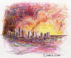Watercolor of Los Angeles skyline at sunset.