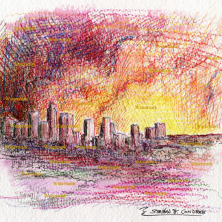Los Angeles skyline #2746A pen & ink with color pencil, cityscape watercolor painting at sunset.