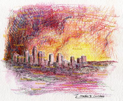 Los Angeles skyline #2746A pen & ink with color pencil, cityscape watercolor painting at sunset.