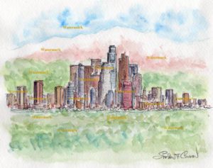 Los Angeles skyline #617A watercolor painting of downtown with mountains.