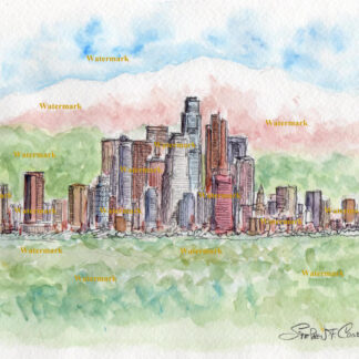 Los Angeles skyline #617A pen & ink cityscape watercolor with a view of the San Gabriel Mountains.