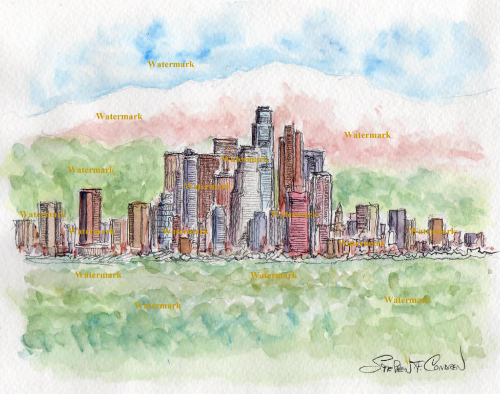Los Angeles skyline watercolor painting of downtown with mountains.