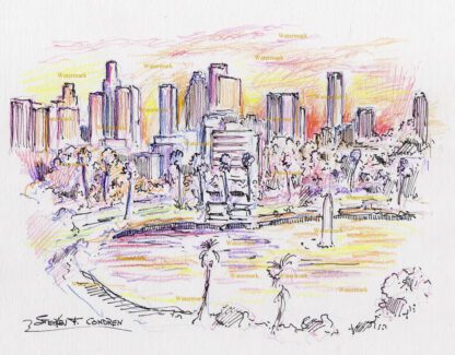 Los Angeles skyline #2721A pen & ink with color pencil drawing at sunset of downtown near Echo Lake Park.