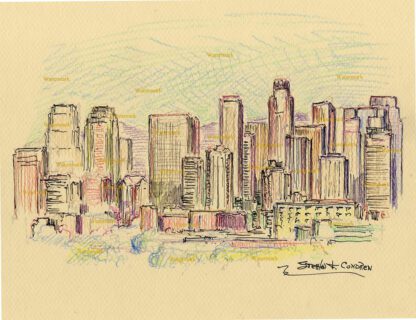 Los Angeles skyline #2727A color pencil cityscape drawing of downtown at dusk.