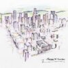Los Angeles skyline #2740A color pencil, pen & ink, aerial view drawing of downtown.