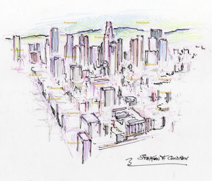 Los Angeles skyline #2740A color pencil, pen & ink, aerial view drawing of downtown.