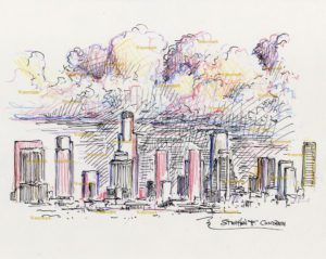 Lost Angeles skyline color pencil drawing of downtown at sunset with stormy clouds.