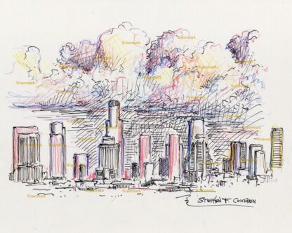Lost Angeles skyline #2742A pen & ink, color pencil cityscape drawing of downtown in thunderstorm.
