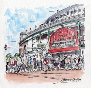 Watercolor painting of Chicago Wrigley Field with fans going to a game.