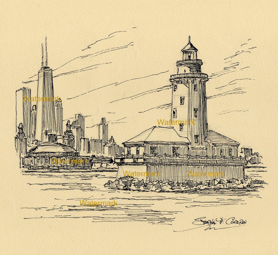 Chicago Harbor Lighthouse #979A pen & ink drawing on Lake Michigan with John Hancock Center and Navy Pier.