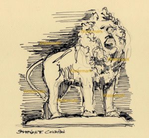 Pen & ink drawing of the lions on the front steps of Art Institute of Chicago.