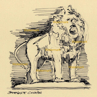Art Institute lion #1002A pen & ink landmark drawing standing on the front steps overlooking Michigan Avenue.
