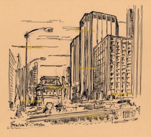 Pen & ink drawing of the Chicago Loop on the Chicago River.