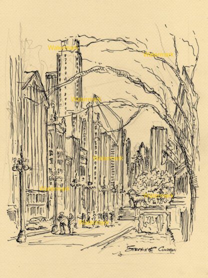 Chicago Michigan Avenue #1083A pen & ink city scene drawing of downtown in front of the Art Institute.