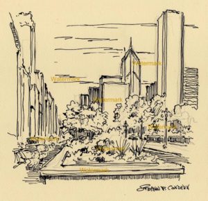 Pen & ink drawing of downtown Chicago on Michigan Avenue.