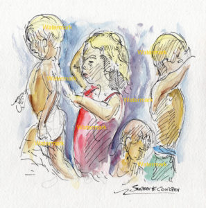 Watercolor painting of blonde children at play splashing in water.