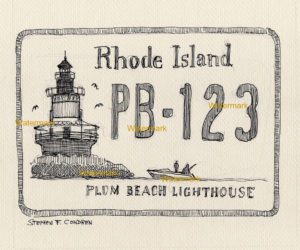 Pen & ink line drawing of Plum Beach Lighthouse License Plate.