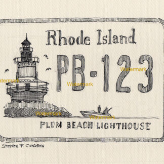Plum Beach Lighthouse #919A pen & ink landmark drawing is popular because of it's unique license plate.