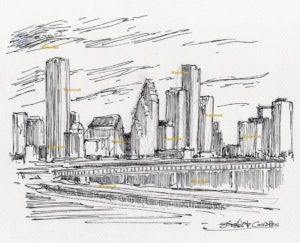 Houston skyline pen & ink drawing of downtown with skyscrapers.