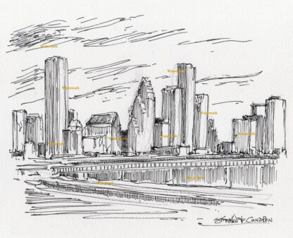 Houston skyline #2962A pen & ink cityscape drawing of downtown.